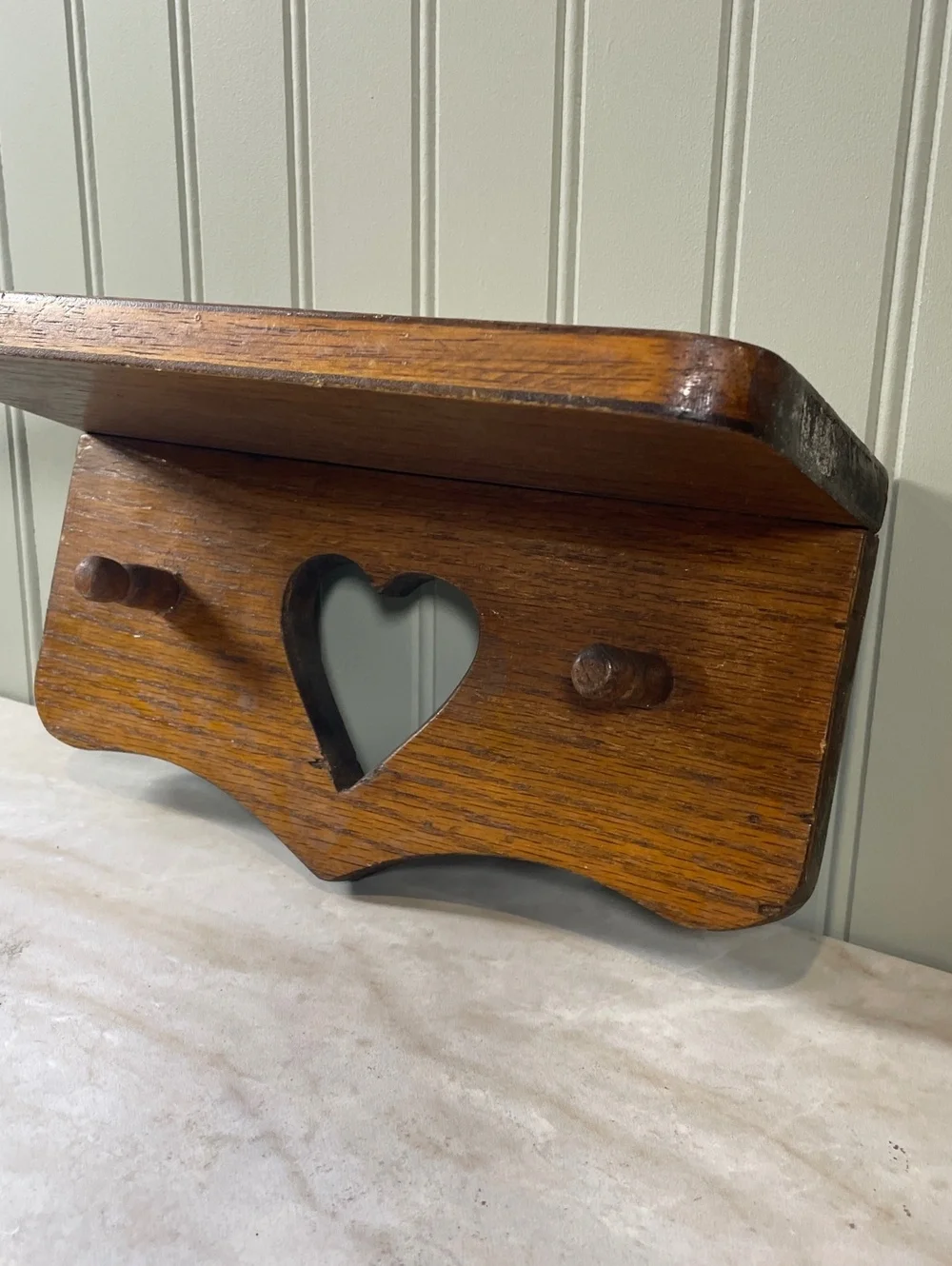 Vintage Cottage Heart Wood Wall Shelf with Pegs